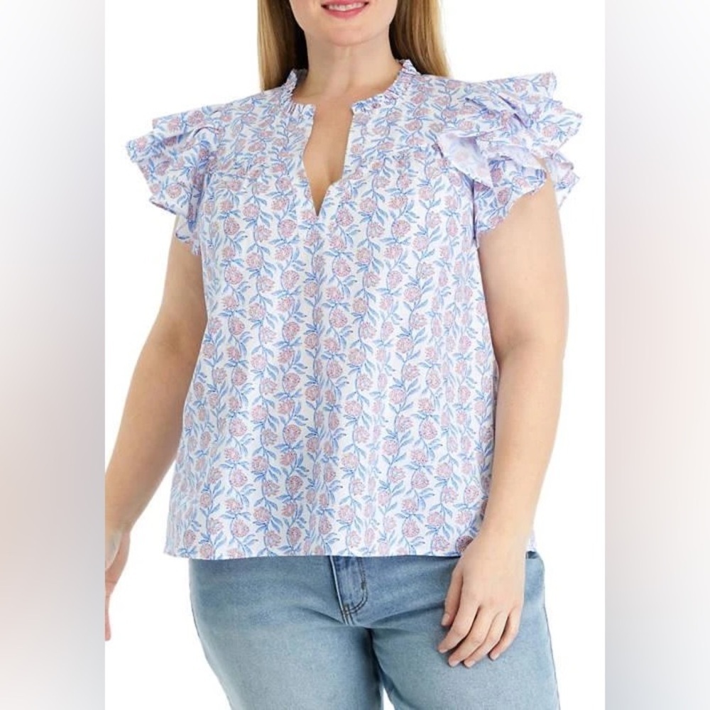 Crown and Ivy Floral Ruffle Sleeve Cotton Blouse Blue Pink Women’s XL Top